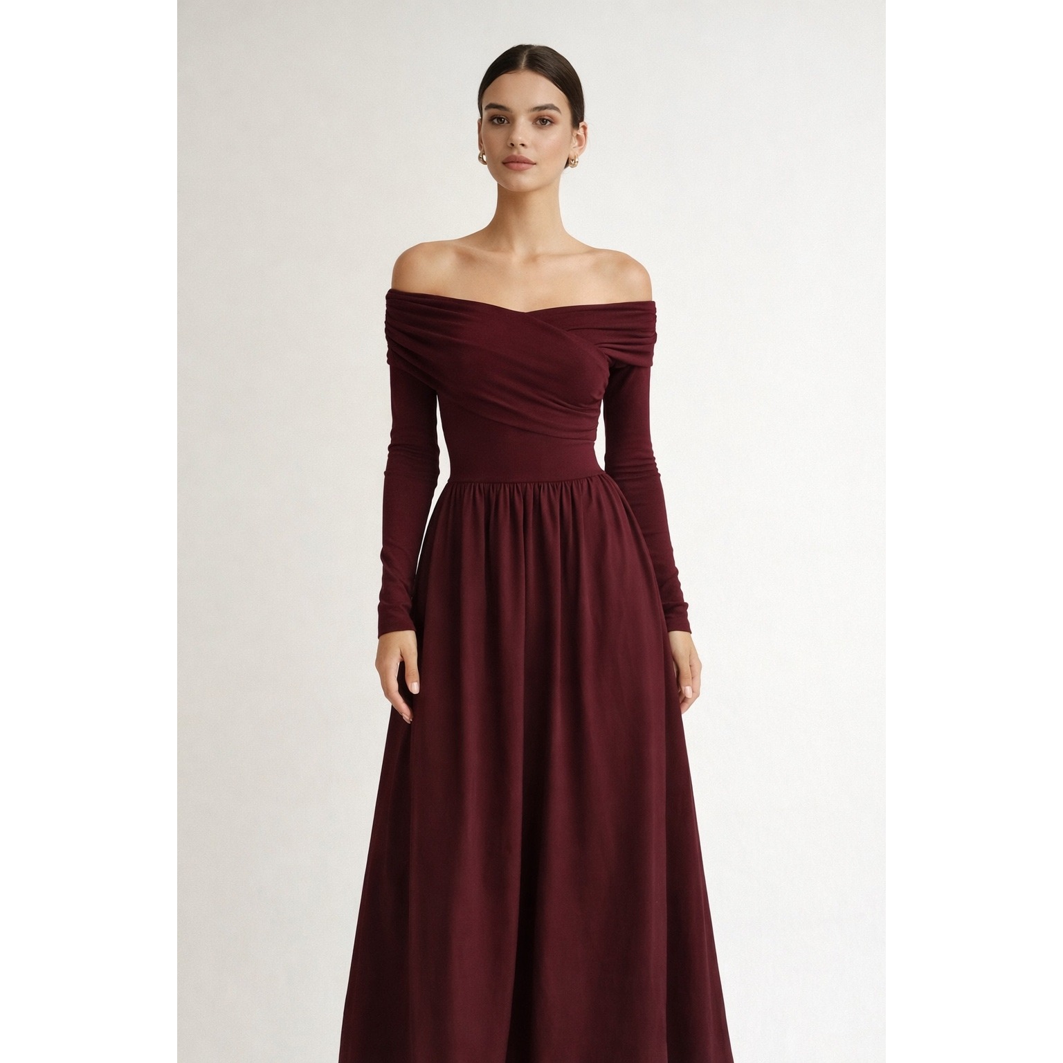 Commense Burgundy Off Shoulder Long Sleeve Maxi Dress Elegant With Pockets S